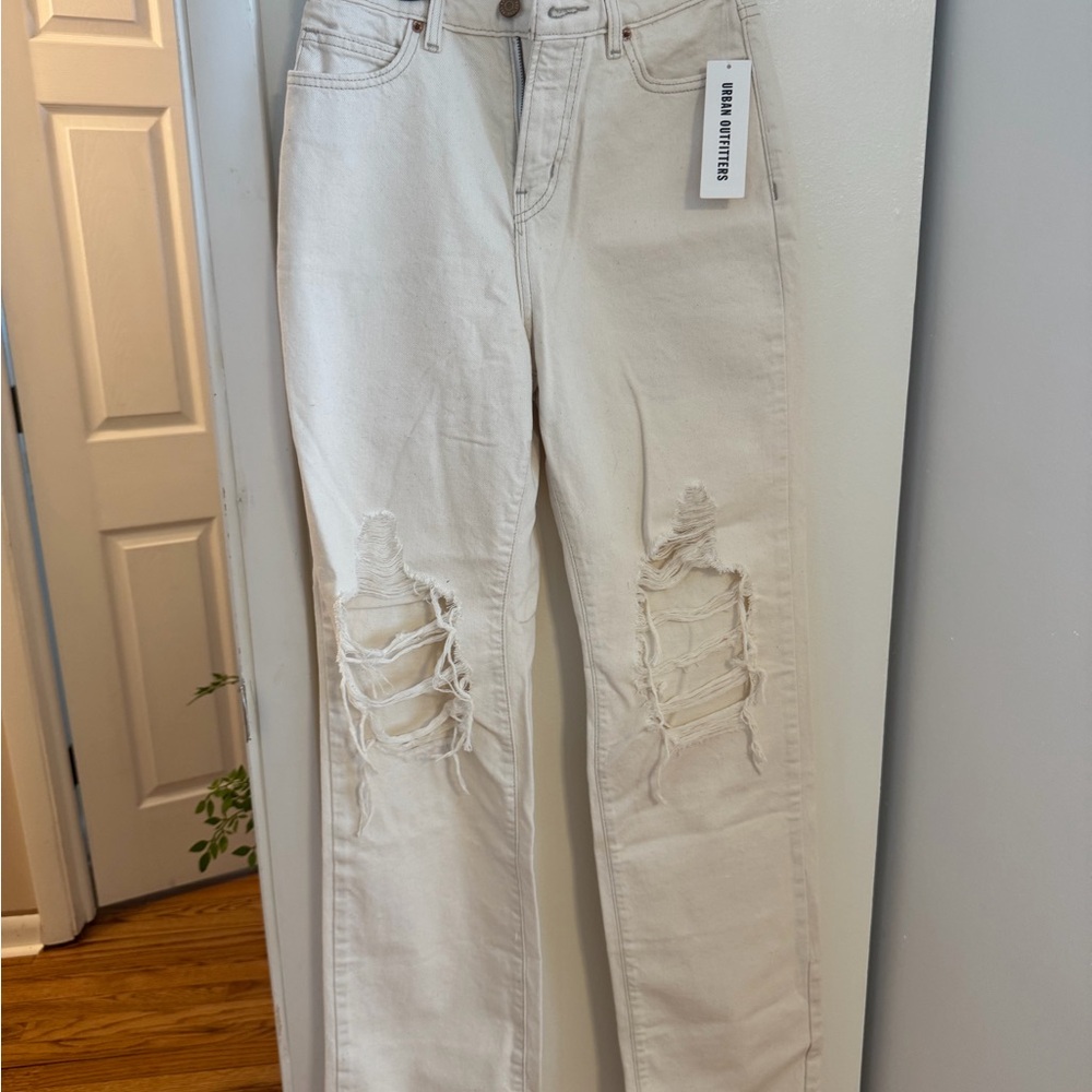 Urban Outfitters Beige Ripped Straight Leg Jeans